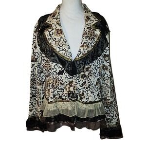 Carrie Allen Size XL Cotton Paisley Sequin Jacket Ruffle Mesh Trim  Cream Brown